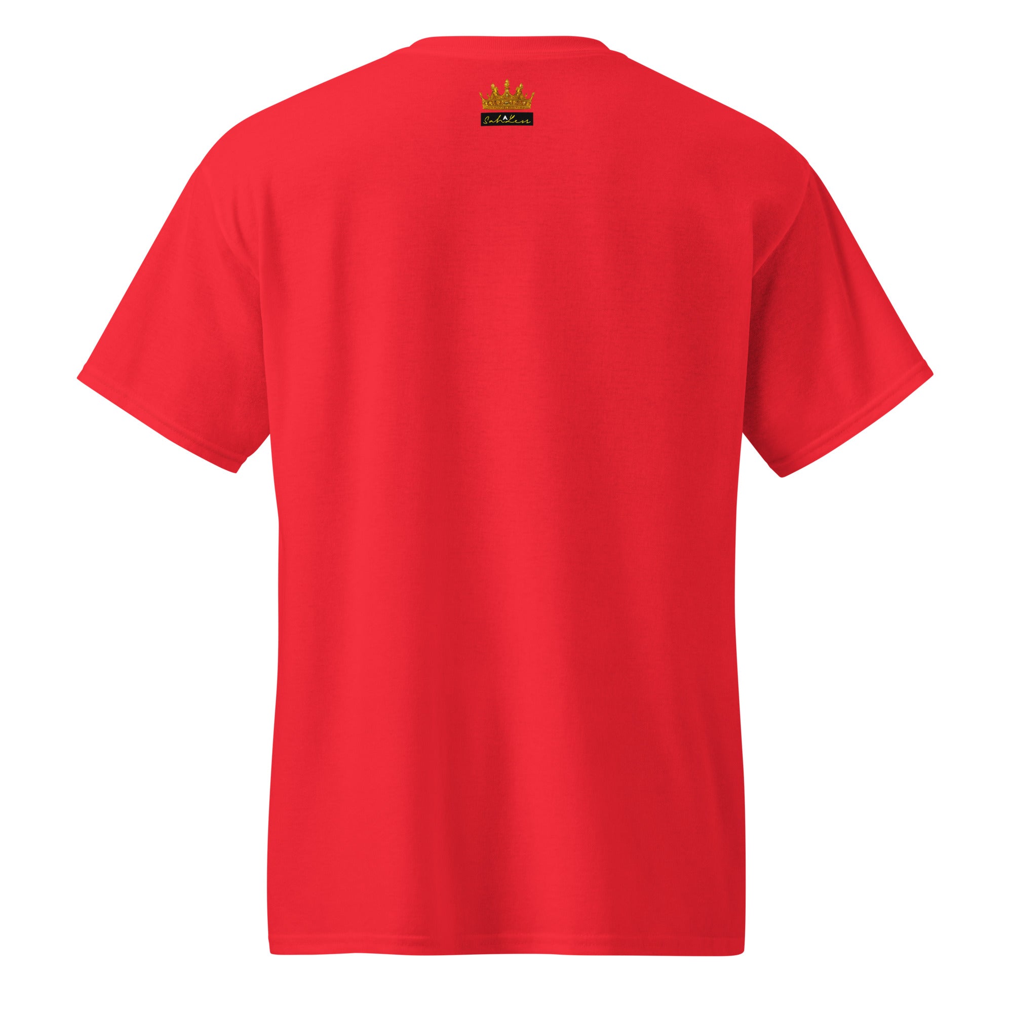 Red DryBlend® Graphic Performance Tee with SahLess Emporium EST. 2024 logo on the back collar, moisture-wicking cotton/poly blend, unisex fit.