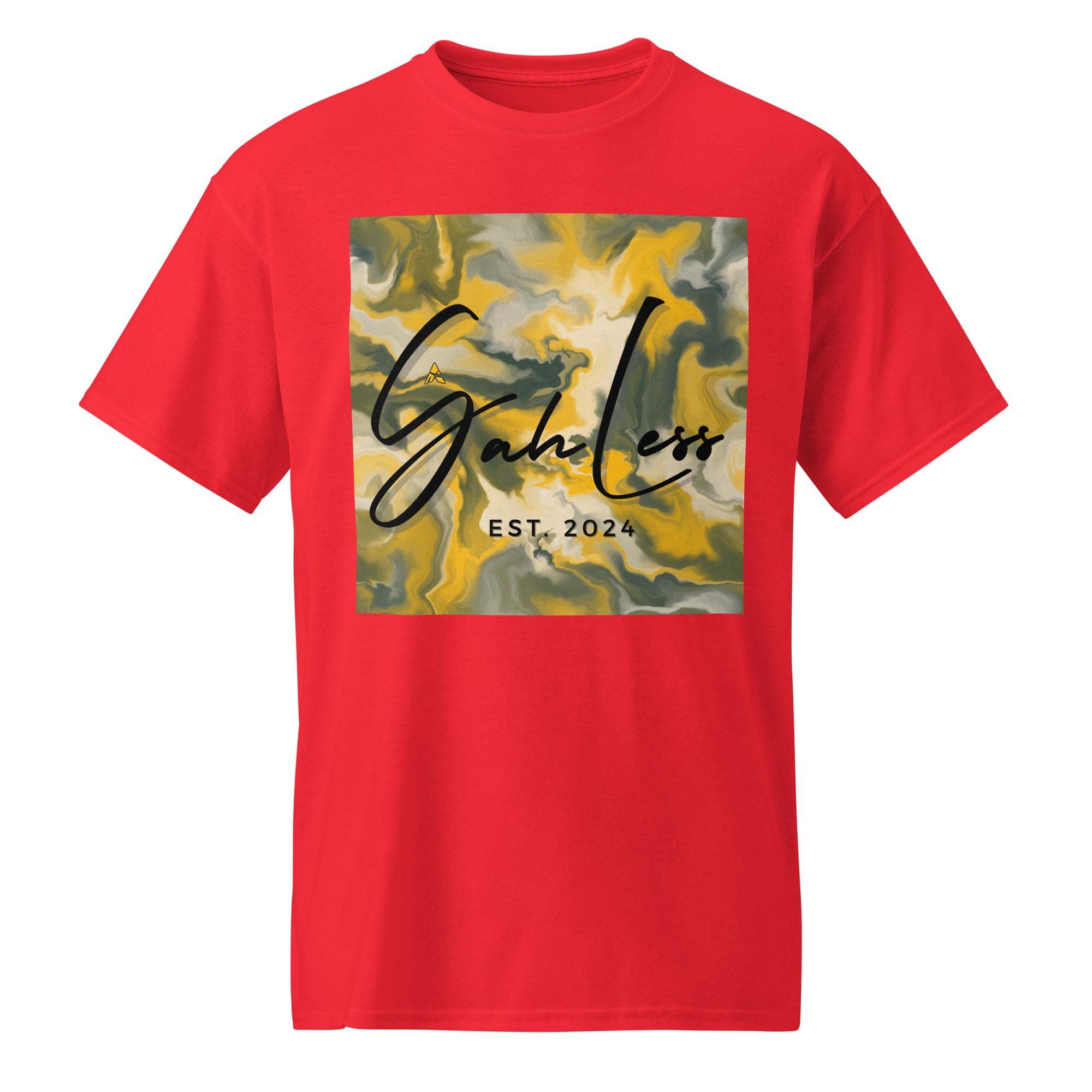 Red SahLess DryBlend® Performance Tee with abstract yellow and gray graphic and "SahLess EST. 2024" text on front