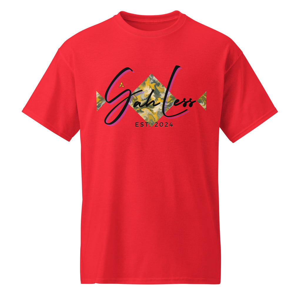 Red DryBlend® Graphic Performance Tee with SahLess EST. 2024 logo and camo triangle design, unisex moisture-wicking cotton-poly blend shirt.