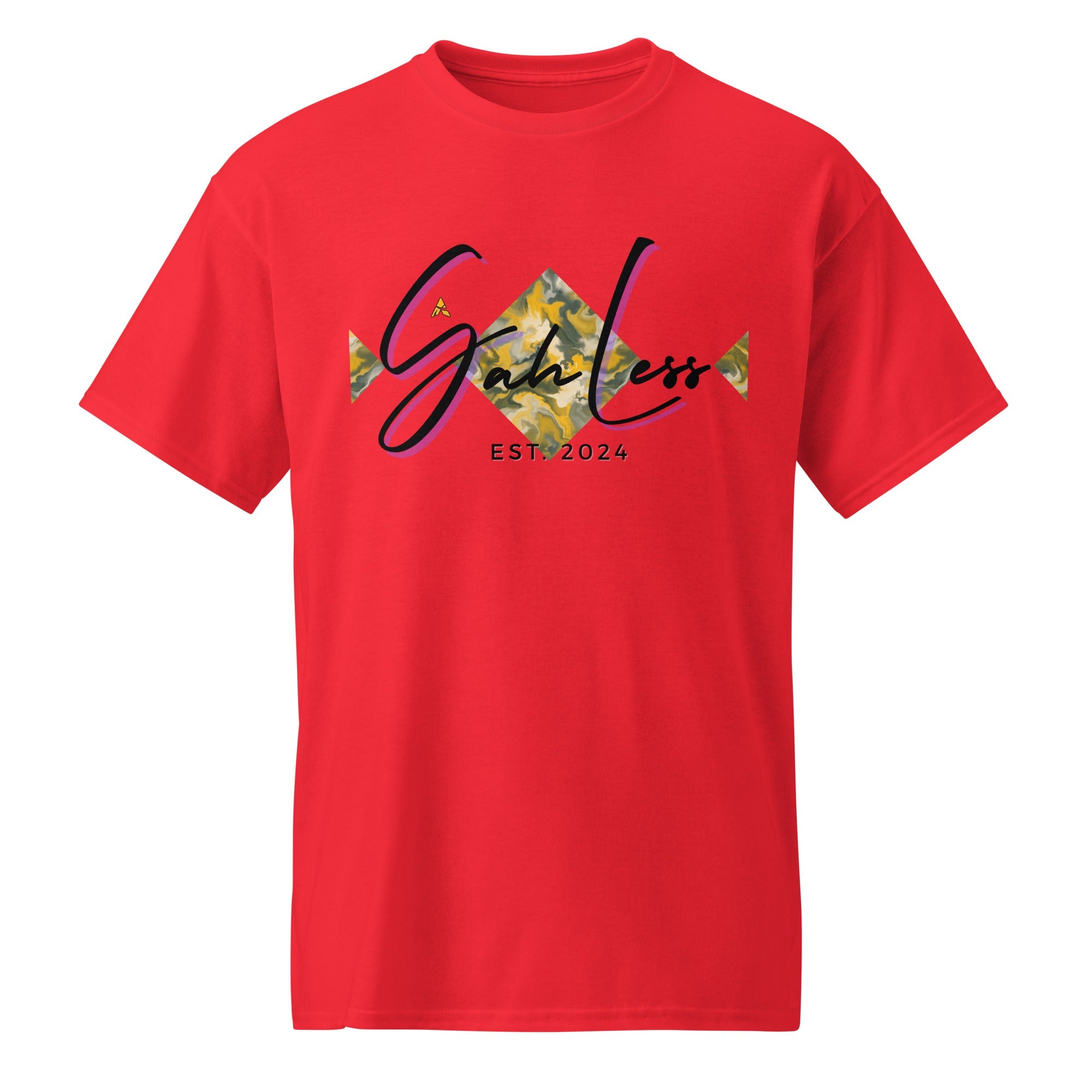 Red DryBlend® Graphic Performance Tee with SahLess EST. 2024 logo and camo triangle design, unisex moisture-wicking cotton-poly blend shirt.