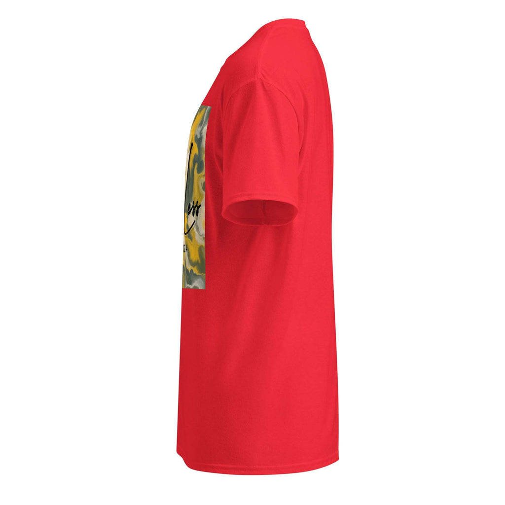 Side view of red SahLess DryBlend® Performance Tee with graphic print on front