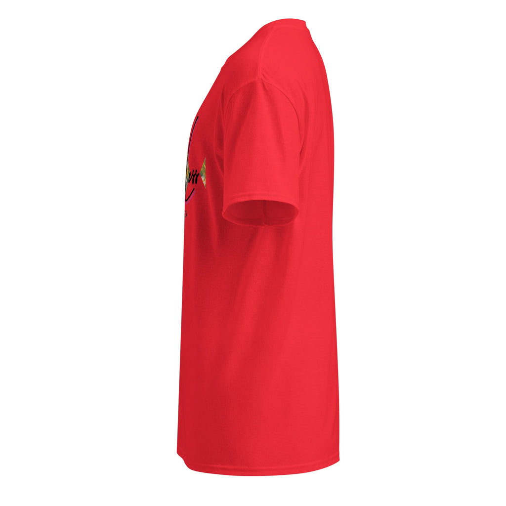 Side view of red DryBlend® Graphic Performance Tee with SahLess EST. 2024 design, moisture-wicking cotton-poly blend, unisex fit