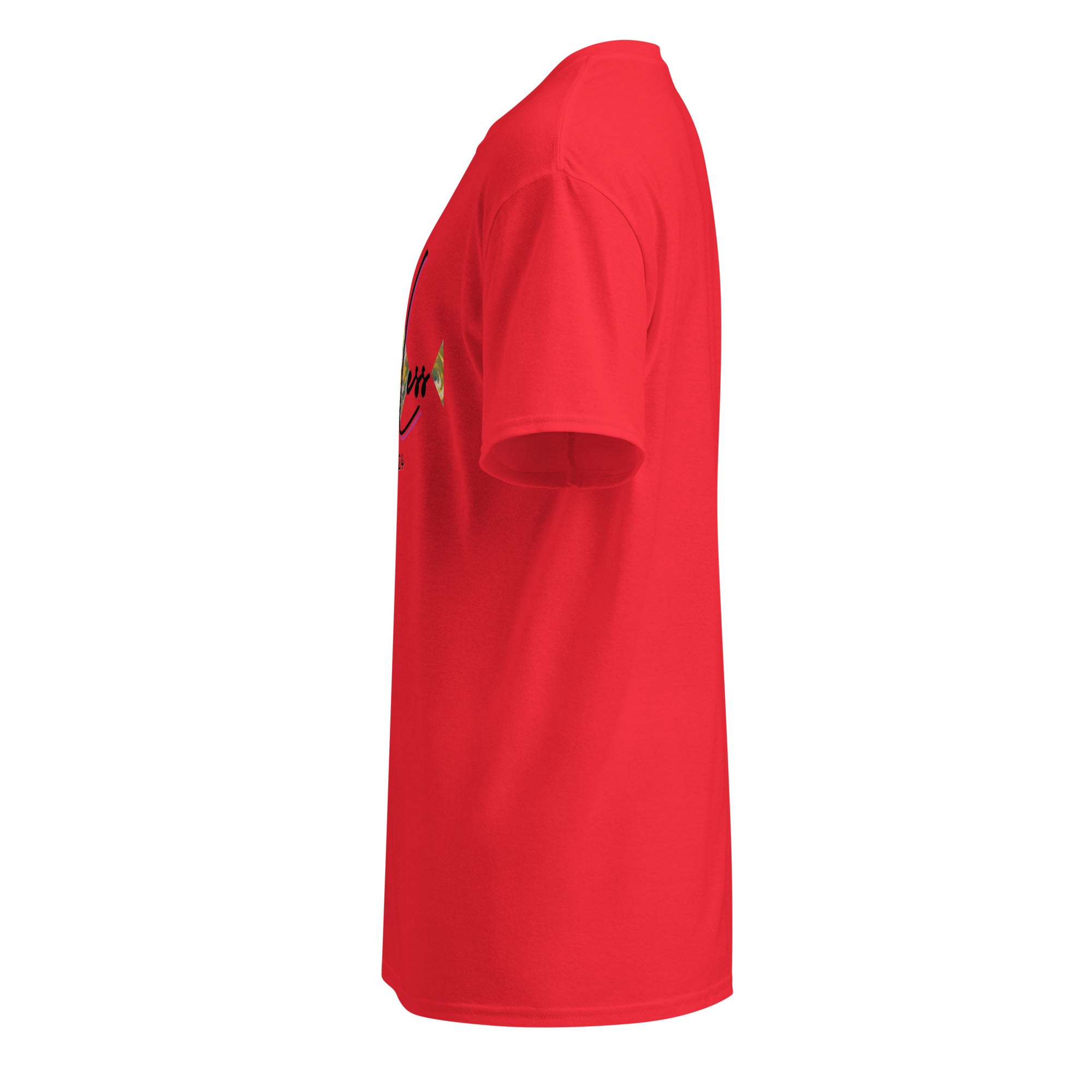 Side view of red DryBlend® Graphic Performance Tee with SahLess EST. 2024 design, moisture-wicking cotton-poly blend, unisex fit
