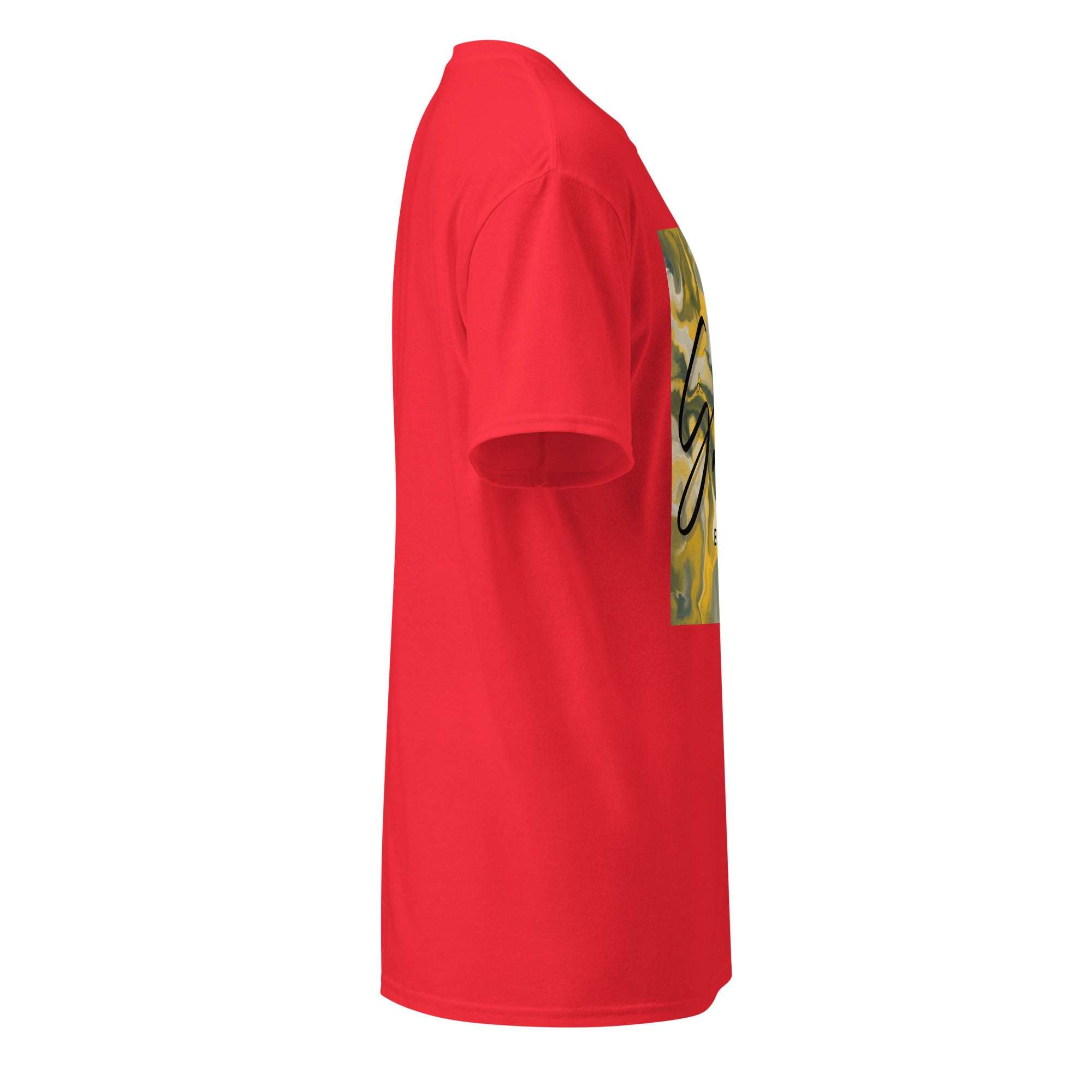 Red SahLess DryBlend® Performance Tee with graphic print, moisture-wicking cotton-poly blend, and modern classic fit shown from side angle