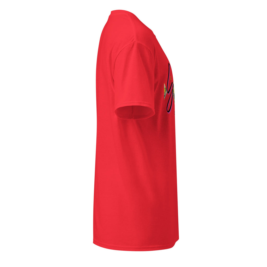 Side view of red DryBlend® Graphic Performance Tee with short sleeves and minimalist fit