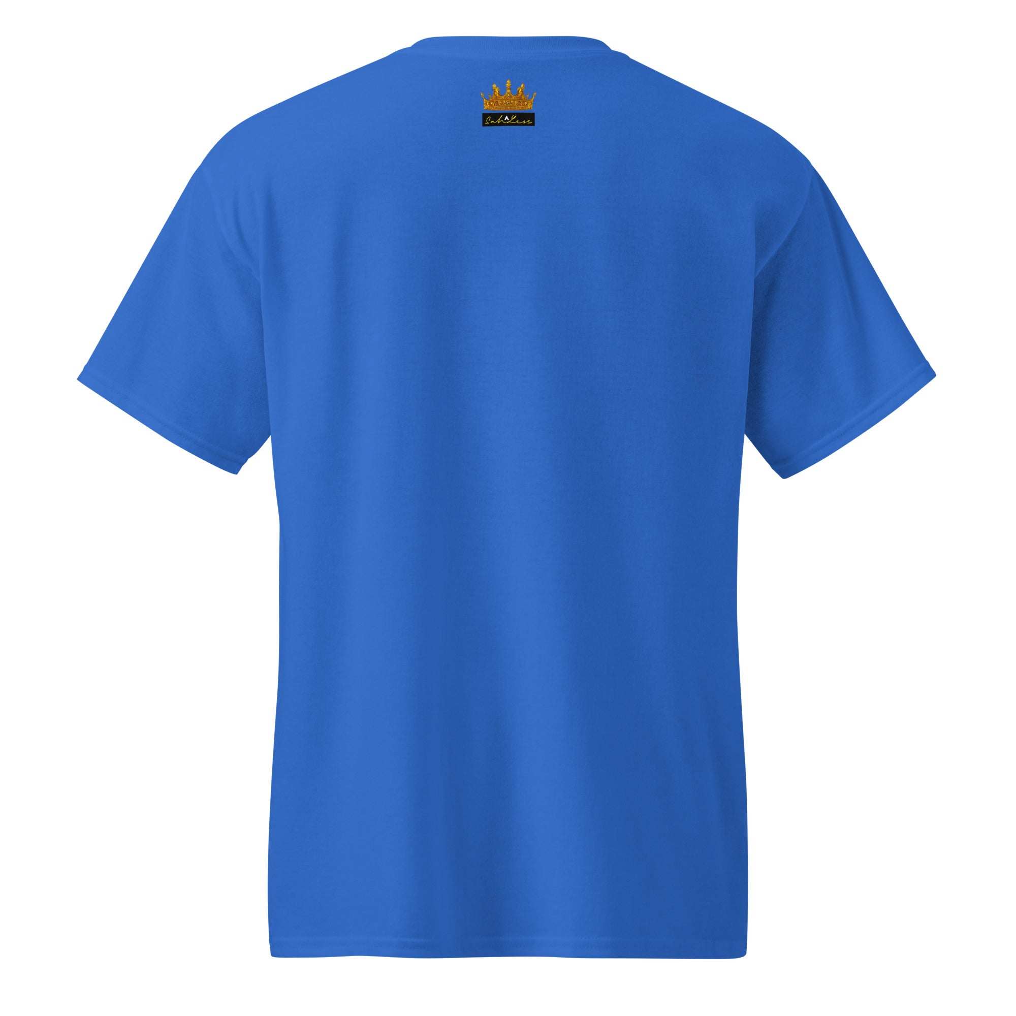 Back view of royal blue SahLess DryBlend® Performance Tee with small golden crown logo near collar
