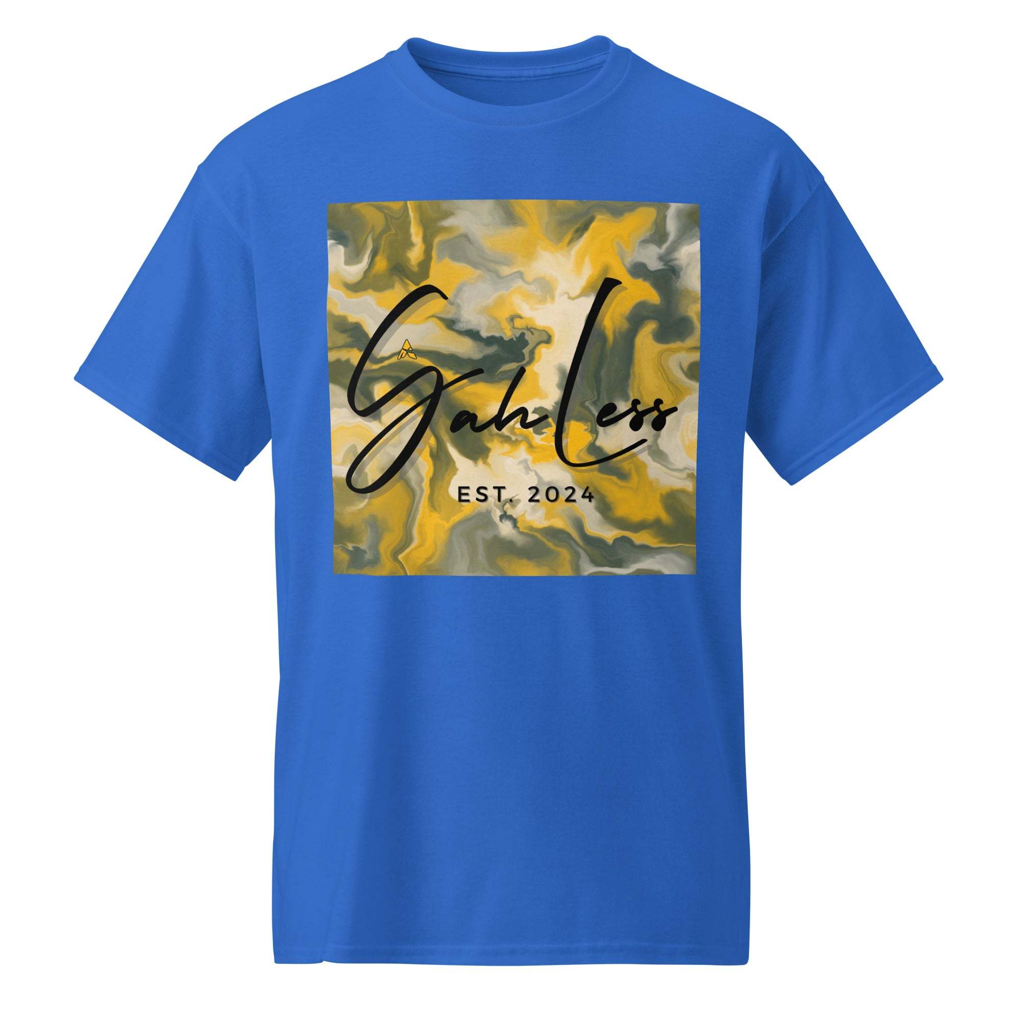 Blue SahLess DryBlend® Performance Tee with yellow and gray graphic and "SahLess EST. 2024" text on front