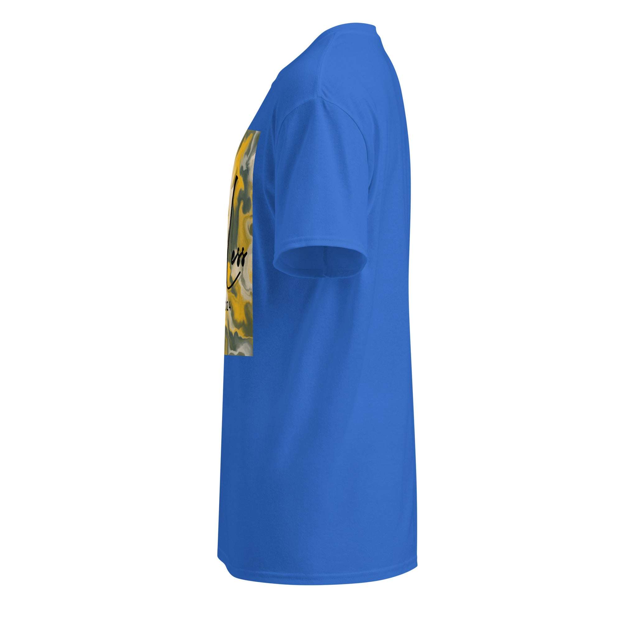 Blue SahLess DryBlend® Performance Tee with graphic print and modern classic fit, side view