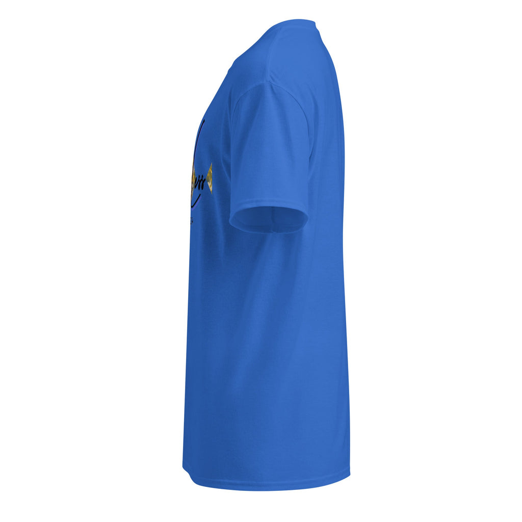 Side view of blue DryBlend® Graphic Performance Tee with short sleeves and classic fit