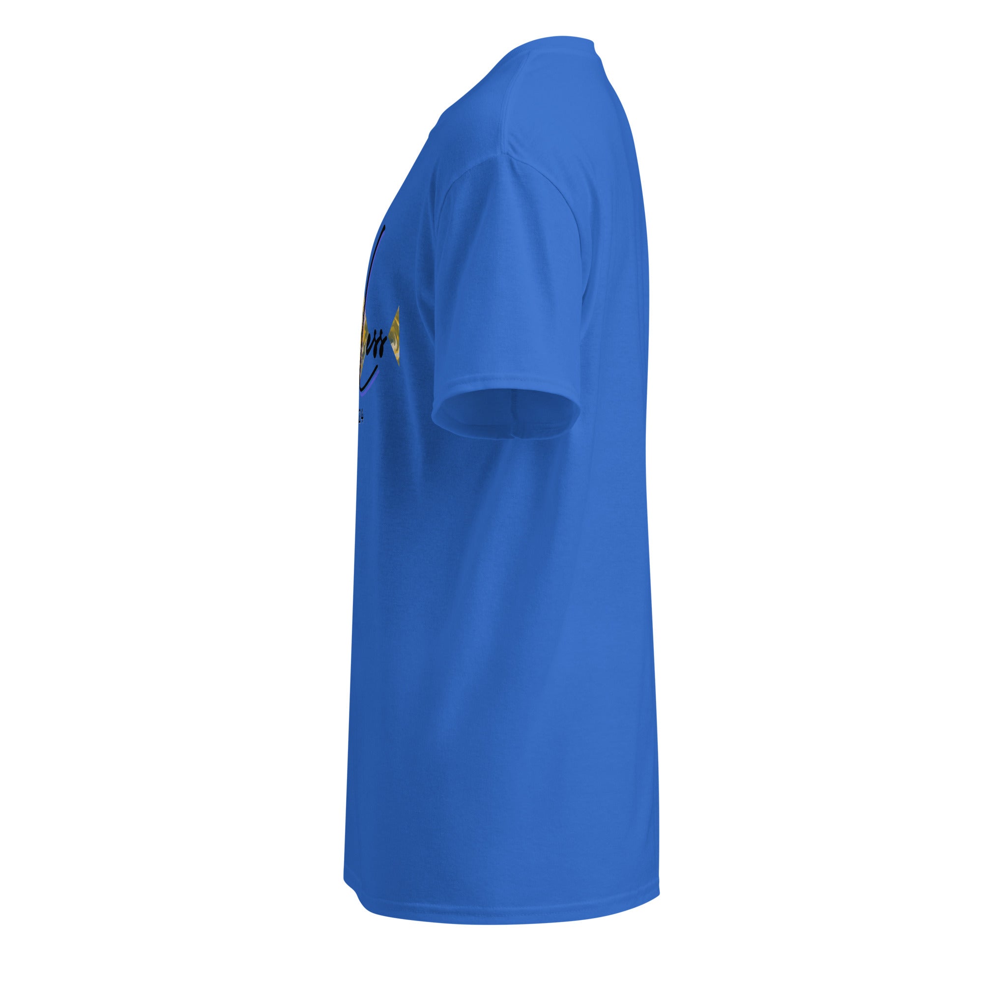 Side view of blue DryBlend® Graphic Performance Tee with short sleeves and classic fit