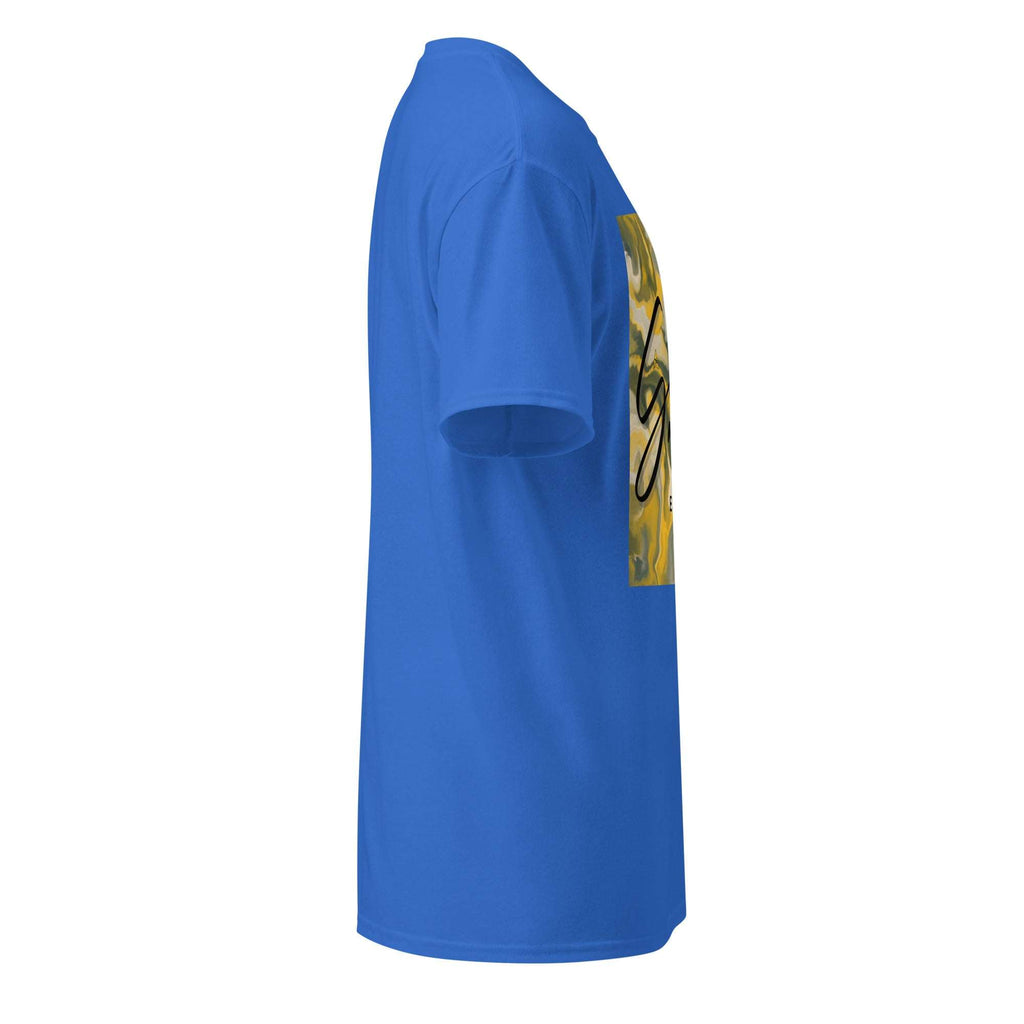 Blue SahLess DryBlend® Performance Tee with graphic print, moisture-wicking cotton-poly blend, unisex fit
