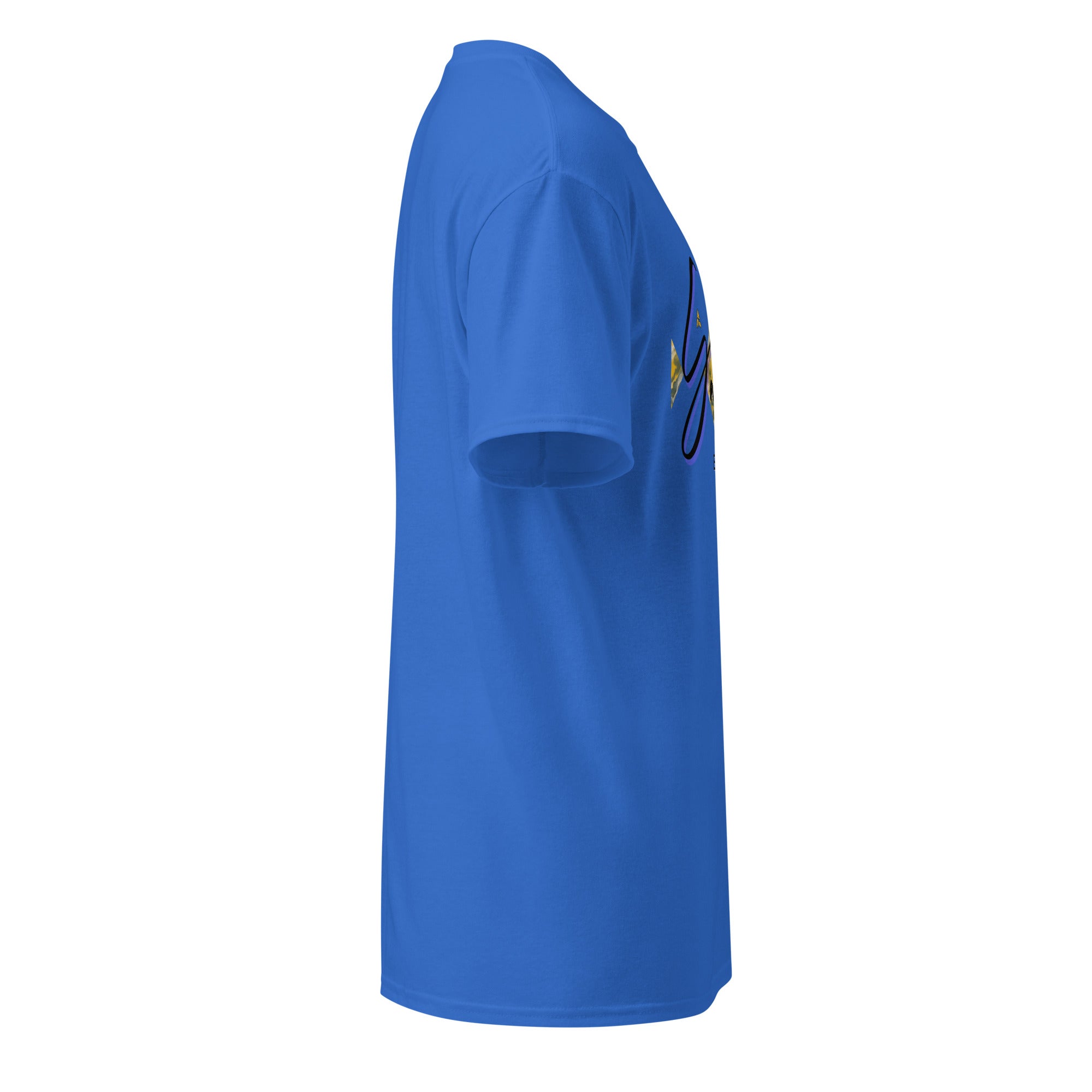 Side view of blue DryBlend® Graphic Performance Tee with minimalist design and short sleeves