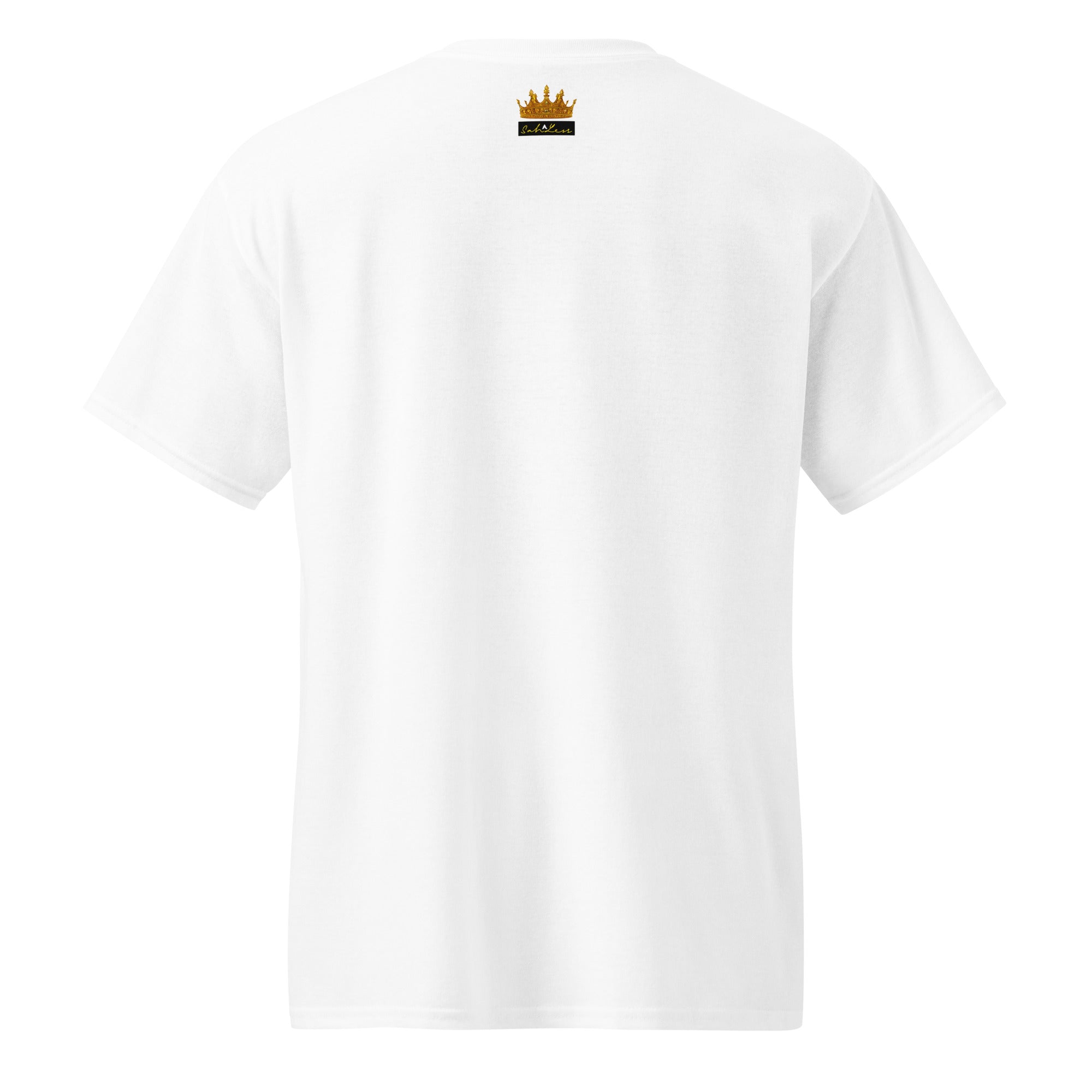 White SahLess DryBlend® Performance Tee with minimalist graphic and moisture-wicking fabric, back view