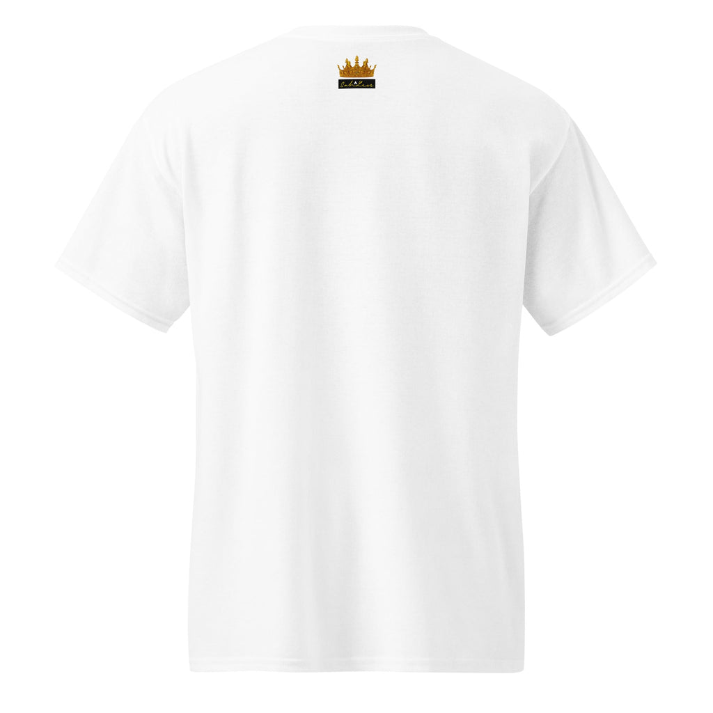 White DryBlend® Graphic Performance Tee with small gold crown logo on upper back and classic fit design