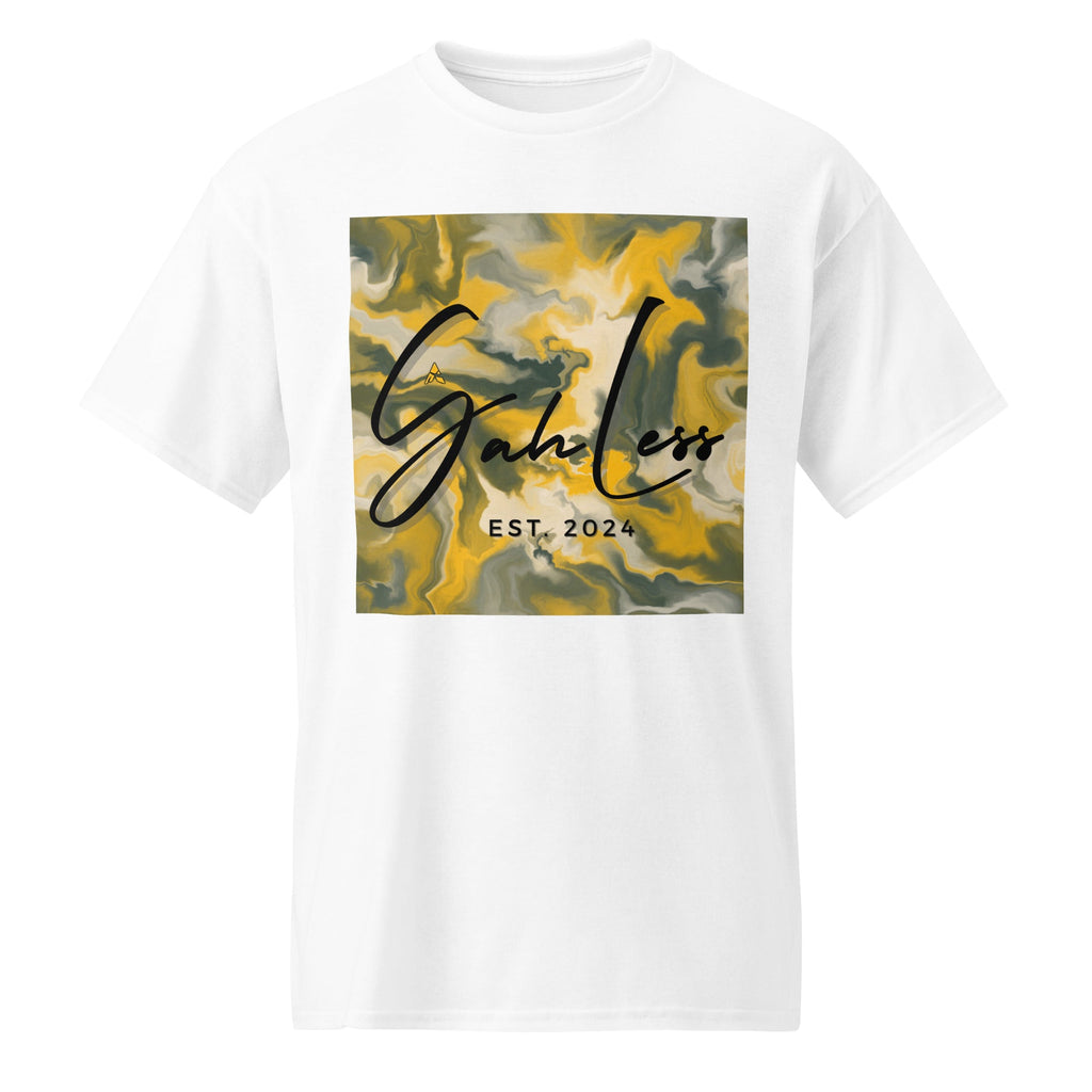 White SahLess DryBlend® Performance Tee with yellow and gray marble graphic and SahLess EST. 2024 text