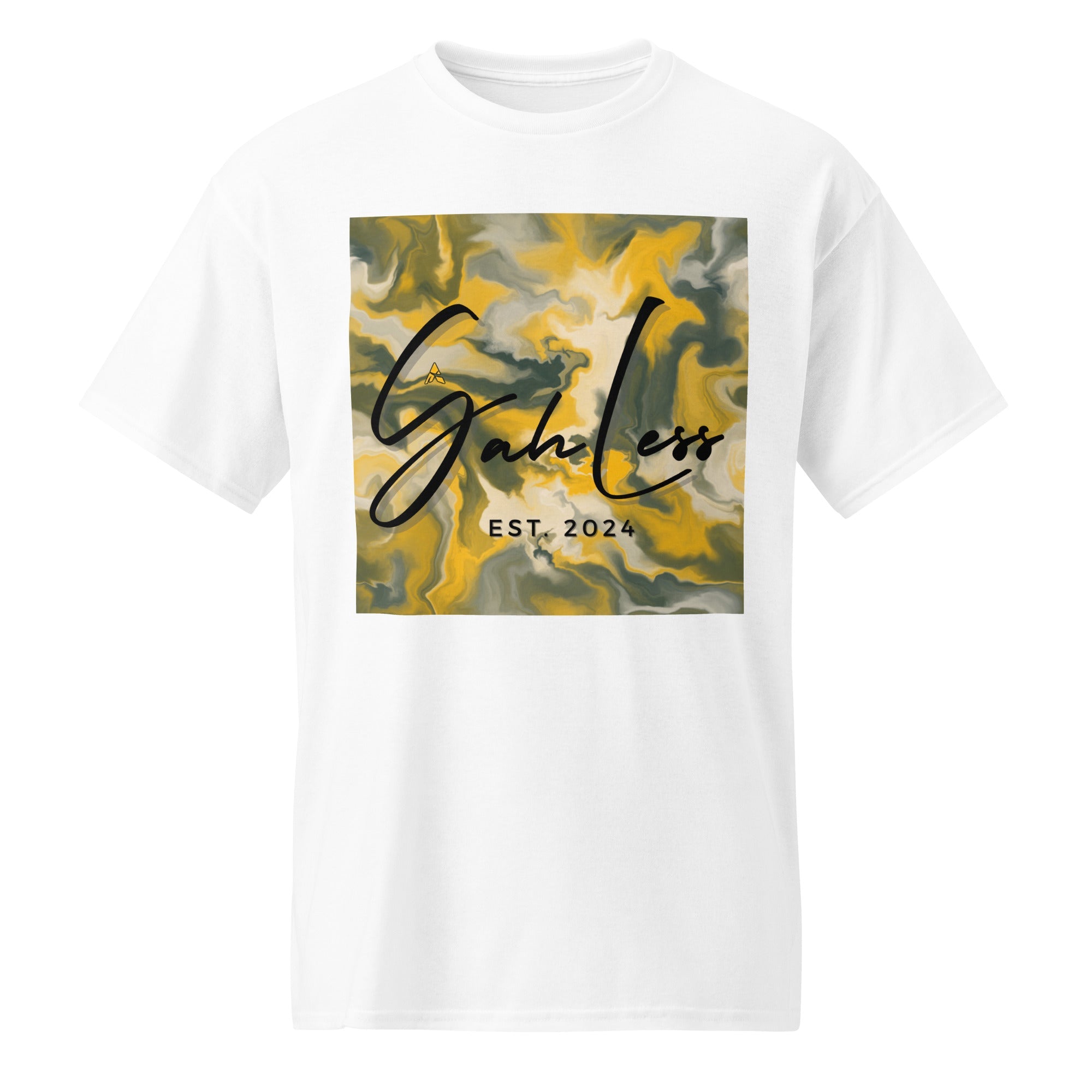 White SahLess DryBlend® Performance Tee with yellow and gray marble graphic and SahLess EST. 2024 text