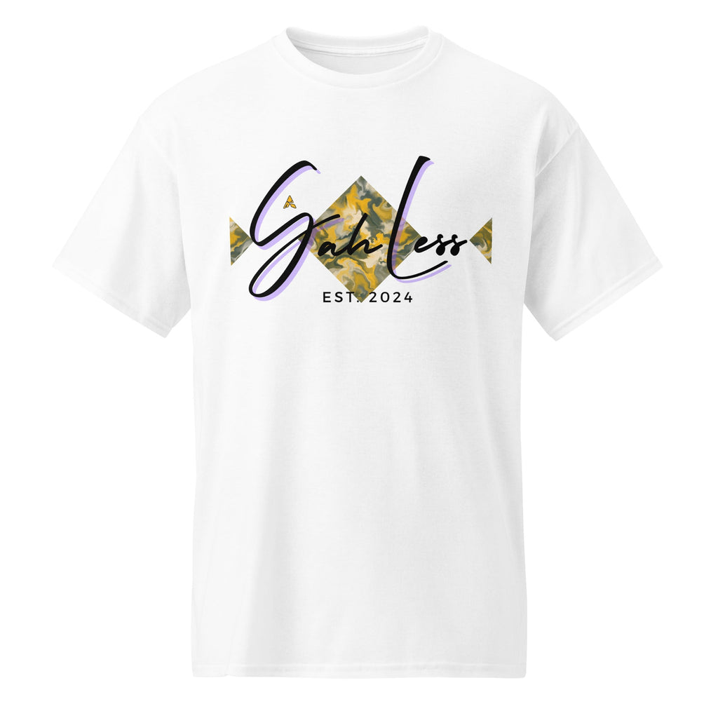 White DryBlend® Graphic Performance Tee with SahLess EST. 2024 logo and moisture-wicking fabric for comfort and durability