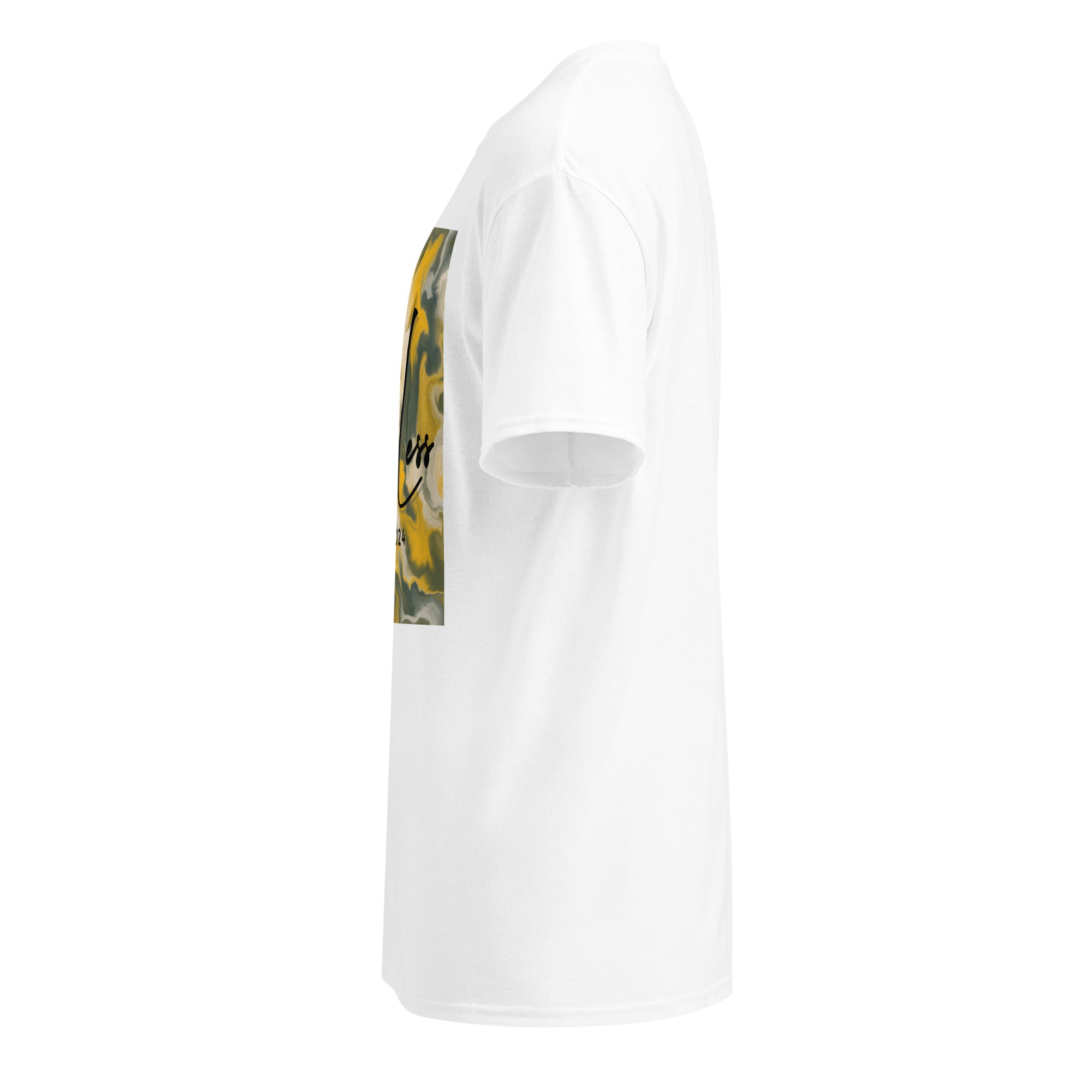 Side view of white SahLess DryBlend® Performance Tee with graphic print and short sleeves