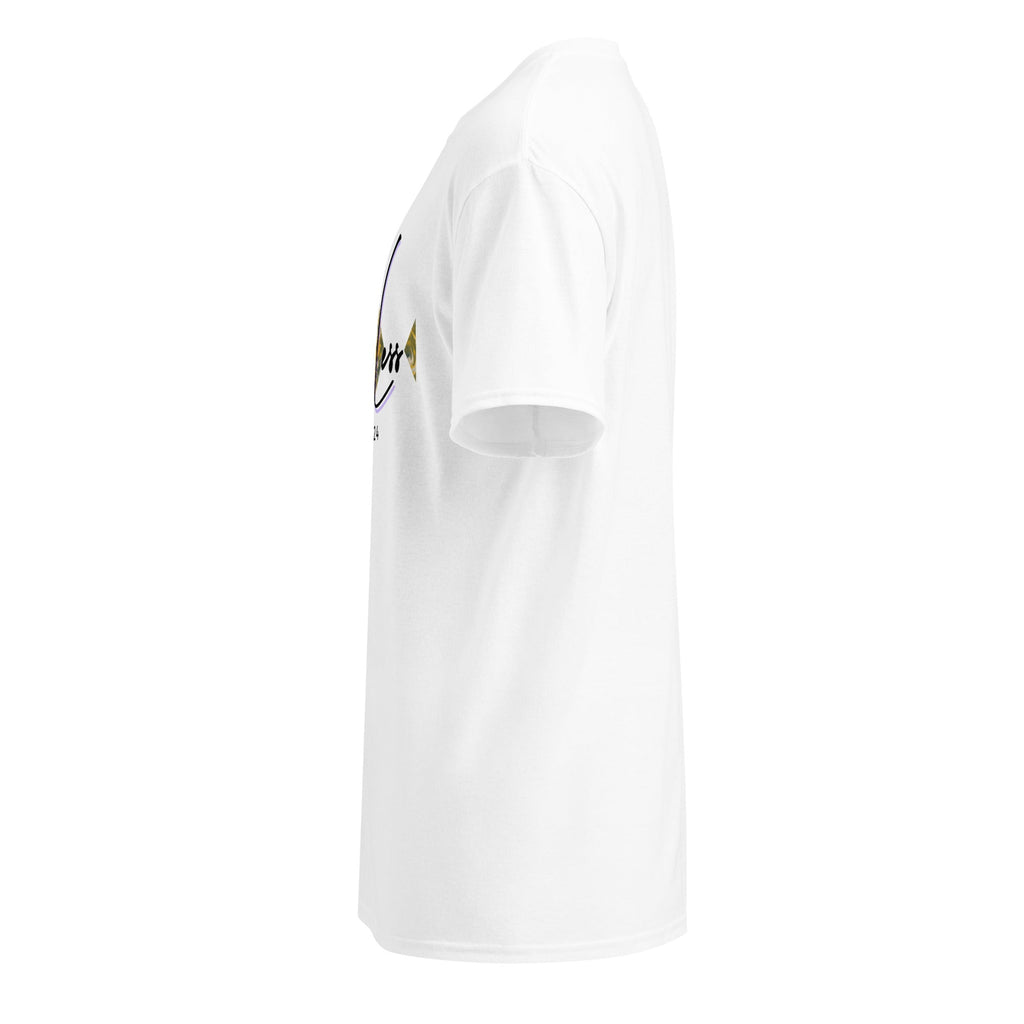 White DryBlend® Graphic Performance Tee with short sleeves and minimalist design, side view