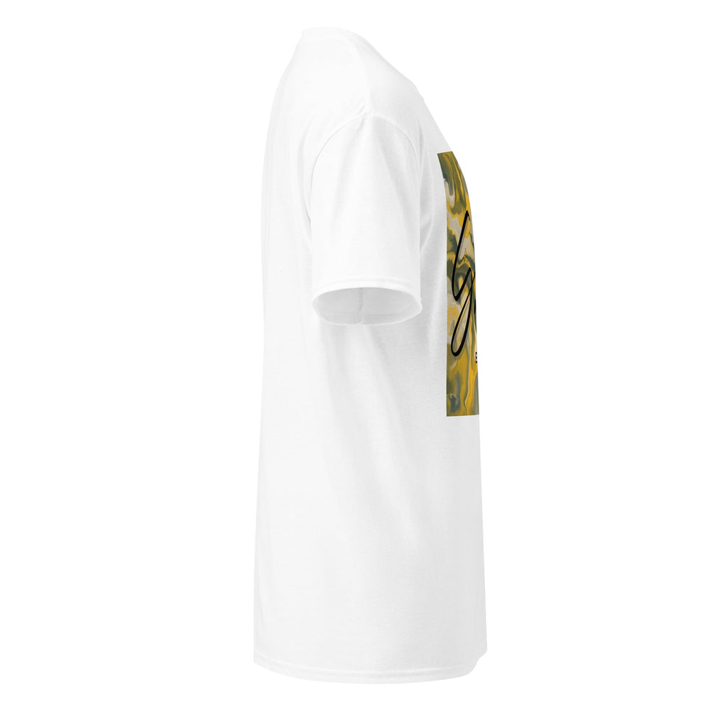 Side view of white SahLess DryBlend® Graphic Performance Tee with abstract yellow and black design, unisex moisture-wicking cotton-poly blend shirt.