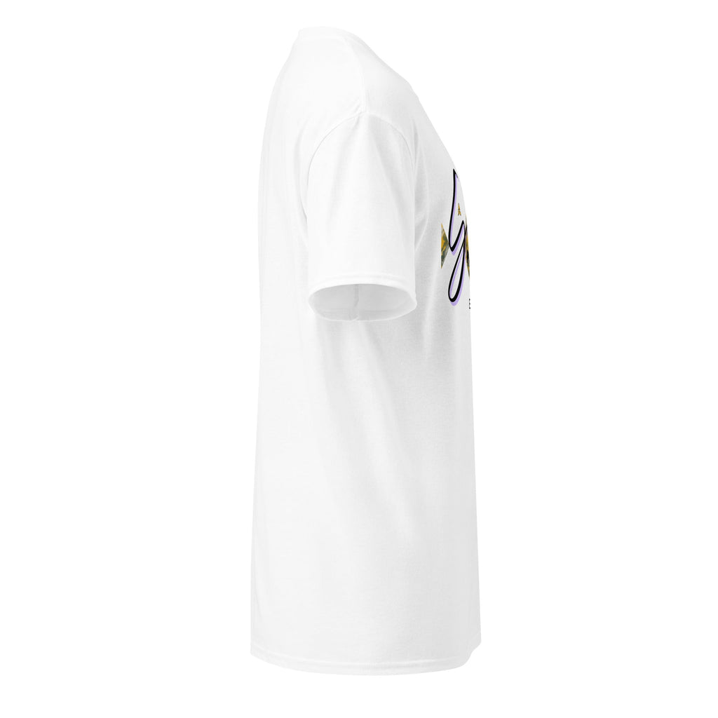 White DryBlend® Graphic Performance Tee with short sleeves and minimalistic design, made from moisture-wicking cotton-poly blend for comfort and durability