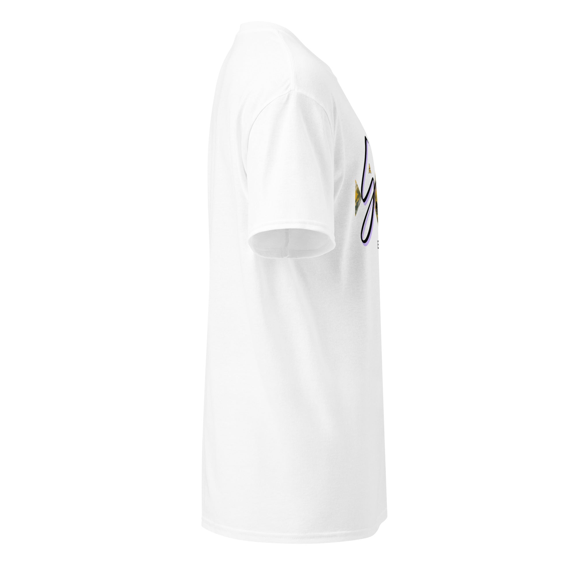 White DryBlend® Graphic Performance Tee with short sleeves and minimalistic design, made from moisture-wicking cotton-poly blend for comfort and durability