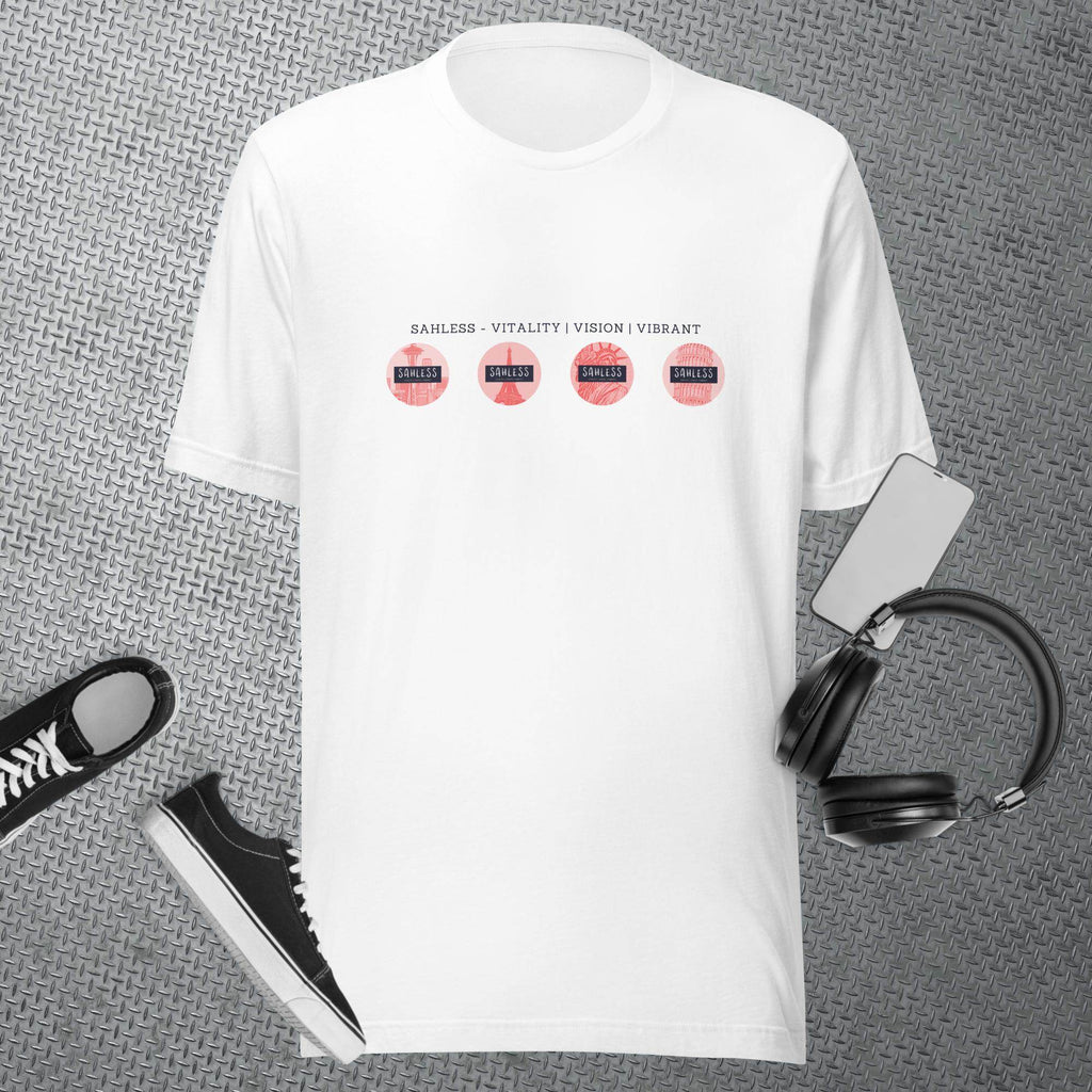Unisex eco-friendly t-shirt with "Around the World" graphic design, made from recycled materials.