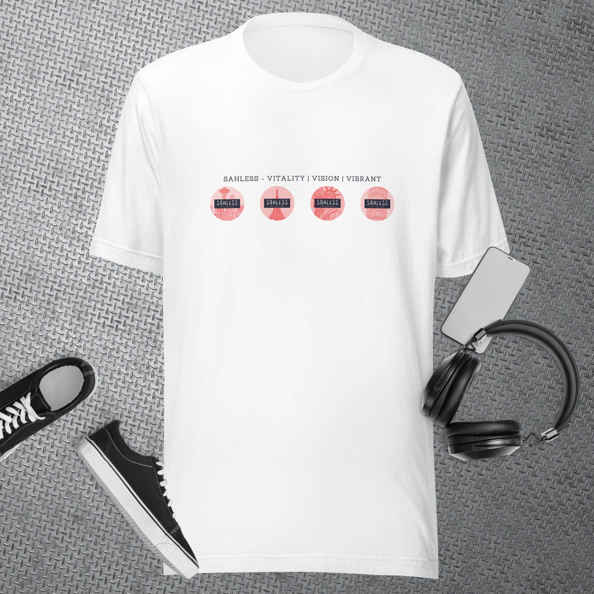 Unisex eco-friendly t-shirt with "Around the World" graphic design, made from recycled materials.