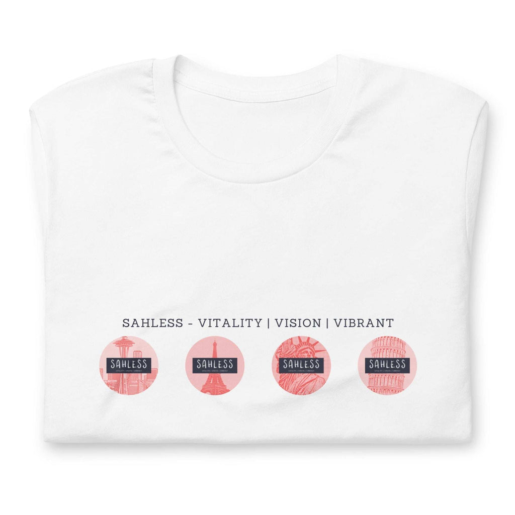 Eco-friendly unisex t-shirt with 'Sahless' design featuring global landmarks, made from 100% recycled materials.
