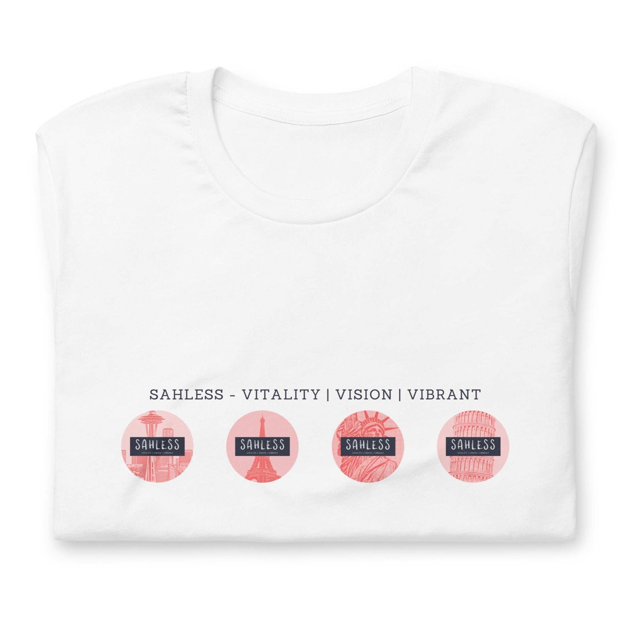 Eco-friendly unisex t-shirt with 'Sahless' design featuring global landmarks, made from 100% recycled materials.