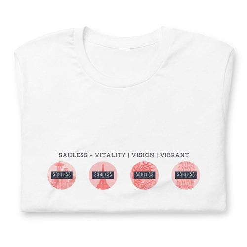 Eco-friendly unisex t-shirt with 'Sahless' design featuring global landmarks, made from 100% recycled materials.
