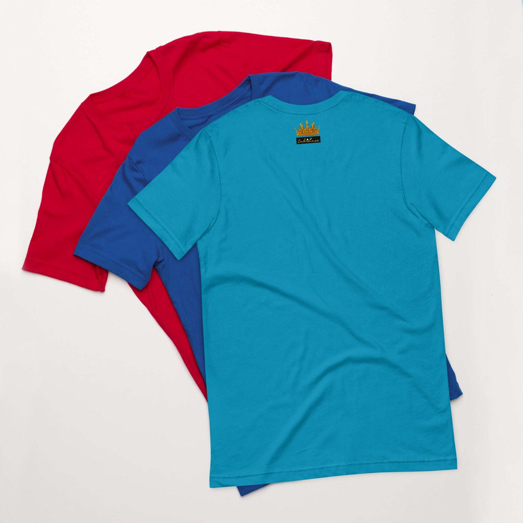 Three colorful Stamp Signature SahLess Unisex T-Shirts in red, blue, and teal, showcasing lightweight cotton and casual style.