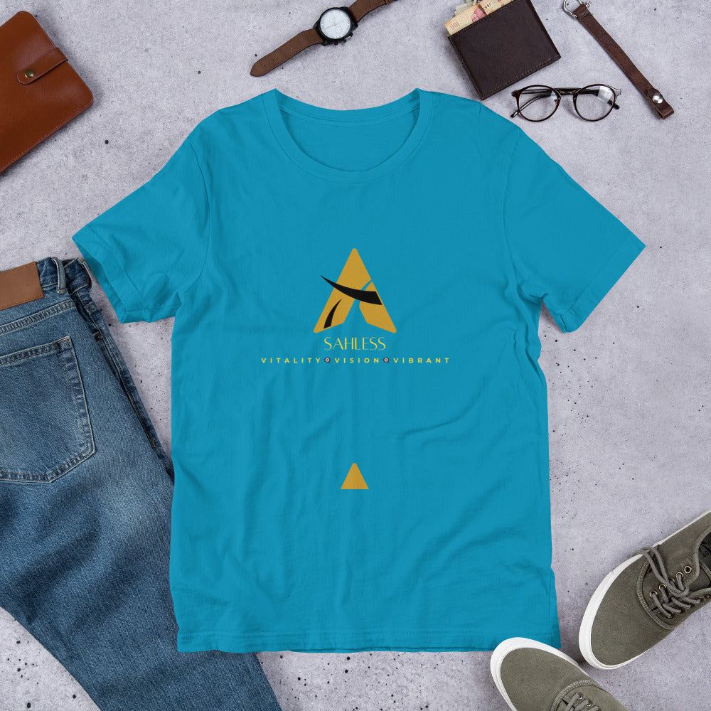 Unisex SahLess T-shirt in aqua, 100% cotton, side-seamed, pre-shrunk, casual fit.