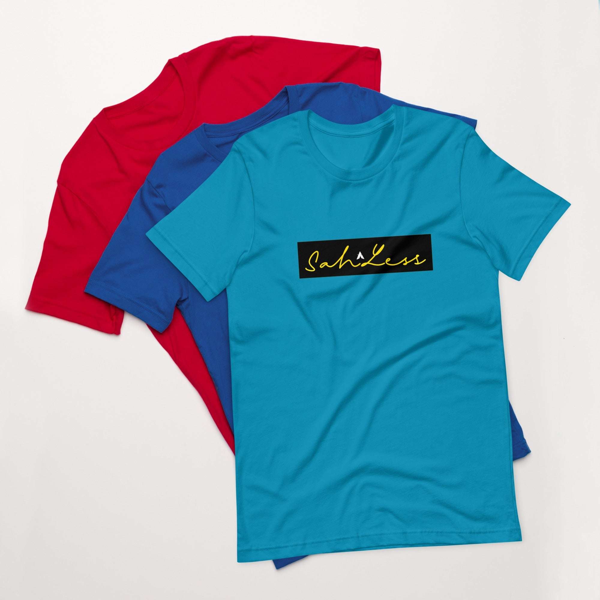 Unisex Stamp Signature T-Shirt in blue, red, and blue, featuring a comfortable, lightweight cotton design.