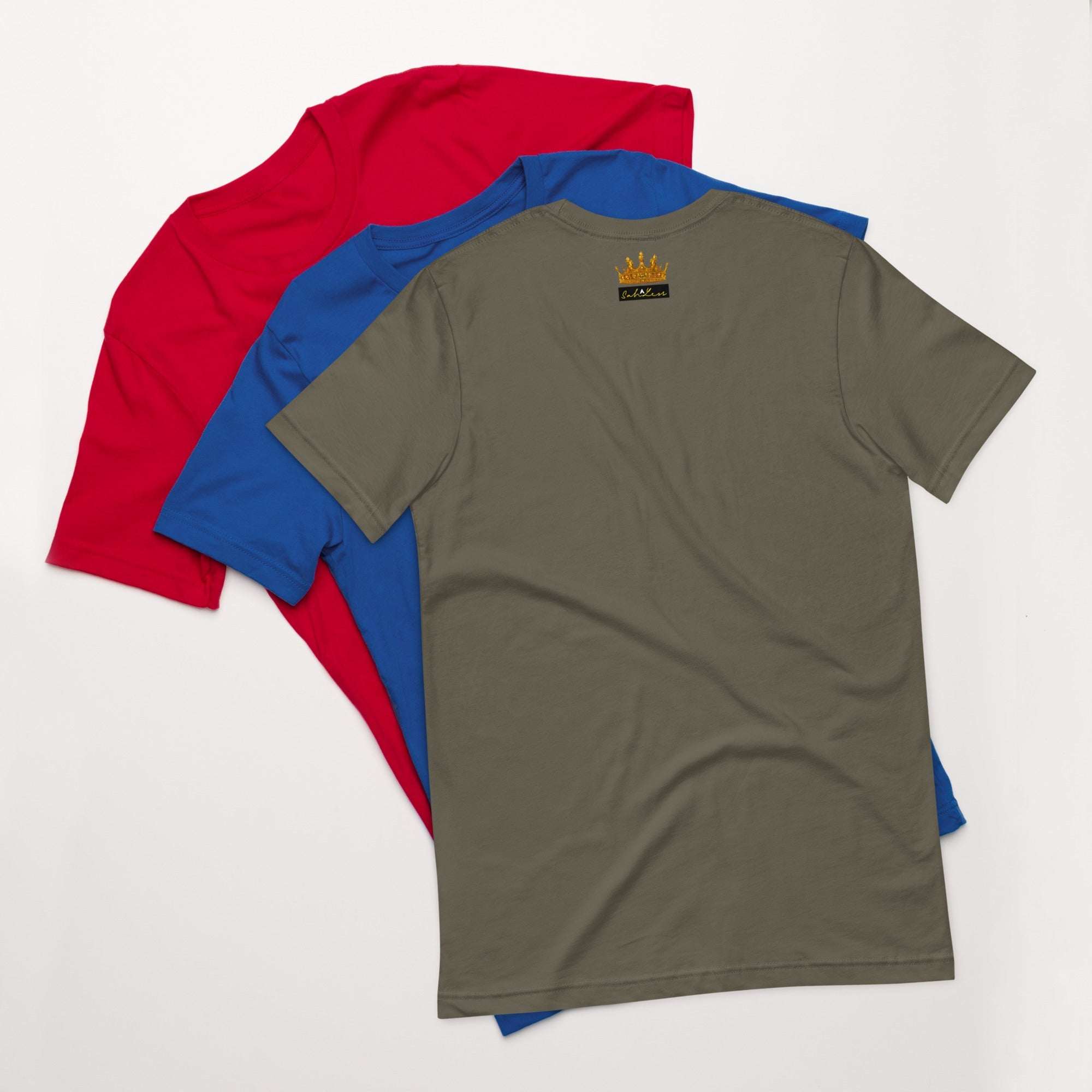Unisex Stamp Signature T-Shirt in red, blue, and green, made from combed cotton, ideal for casual wear.