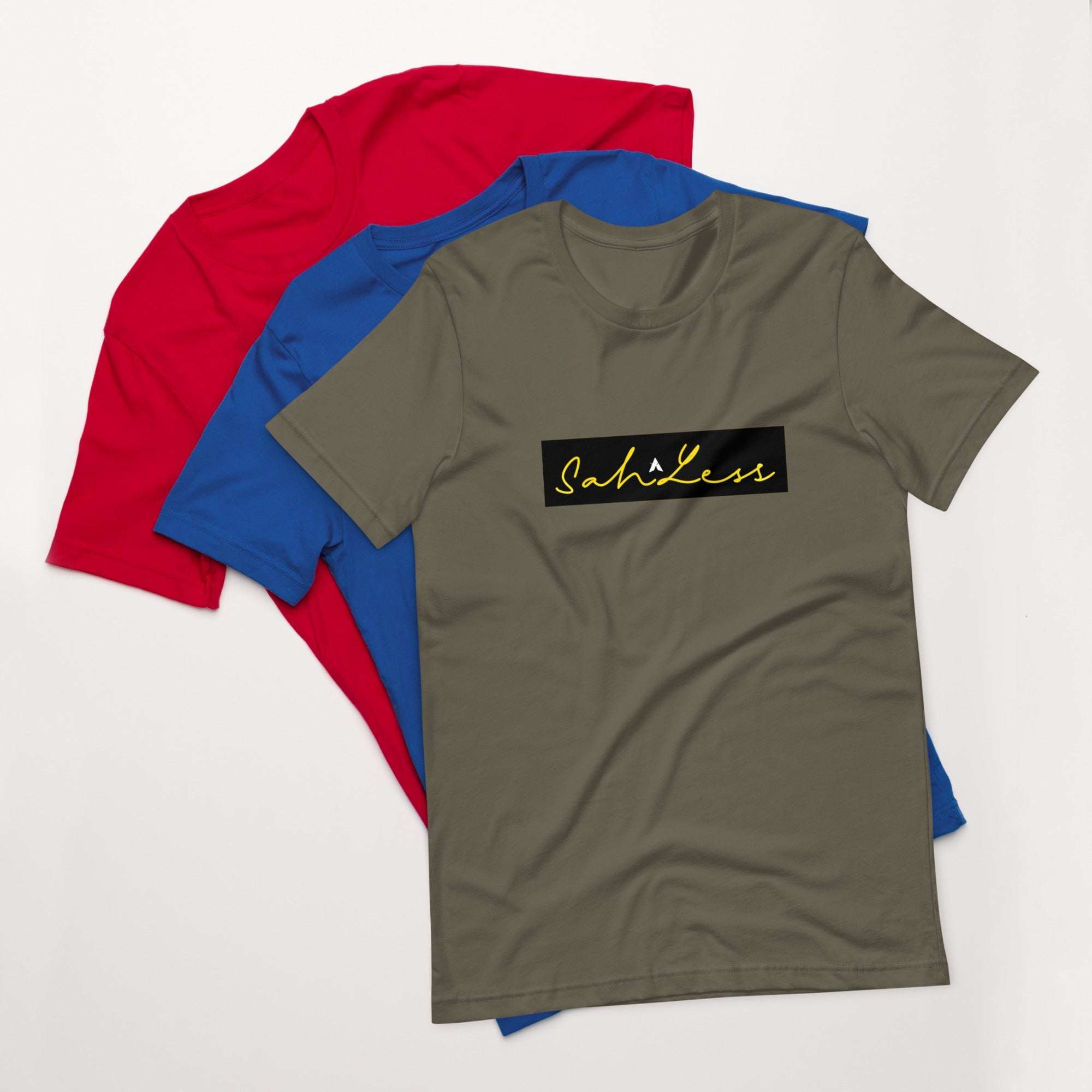 Stamp Signature SahLess Unisex T-Shirt in red, blue, and olive green, featuring lightweight 100% combed cotton fabric.