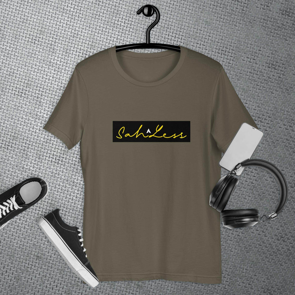 SahLess Signature unisex t-shirt on hanger with casual accessories.