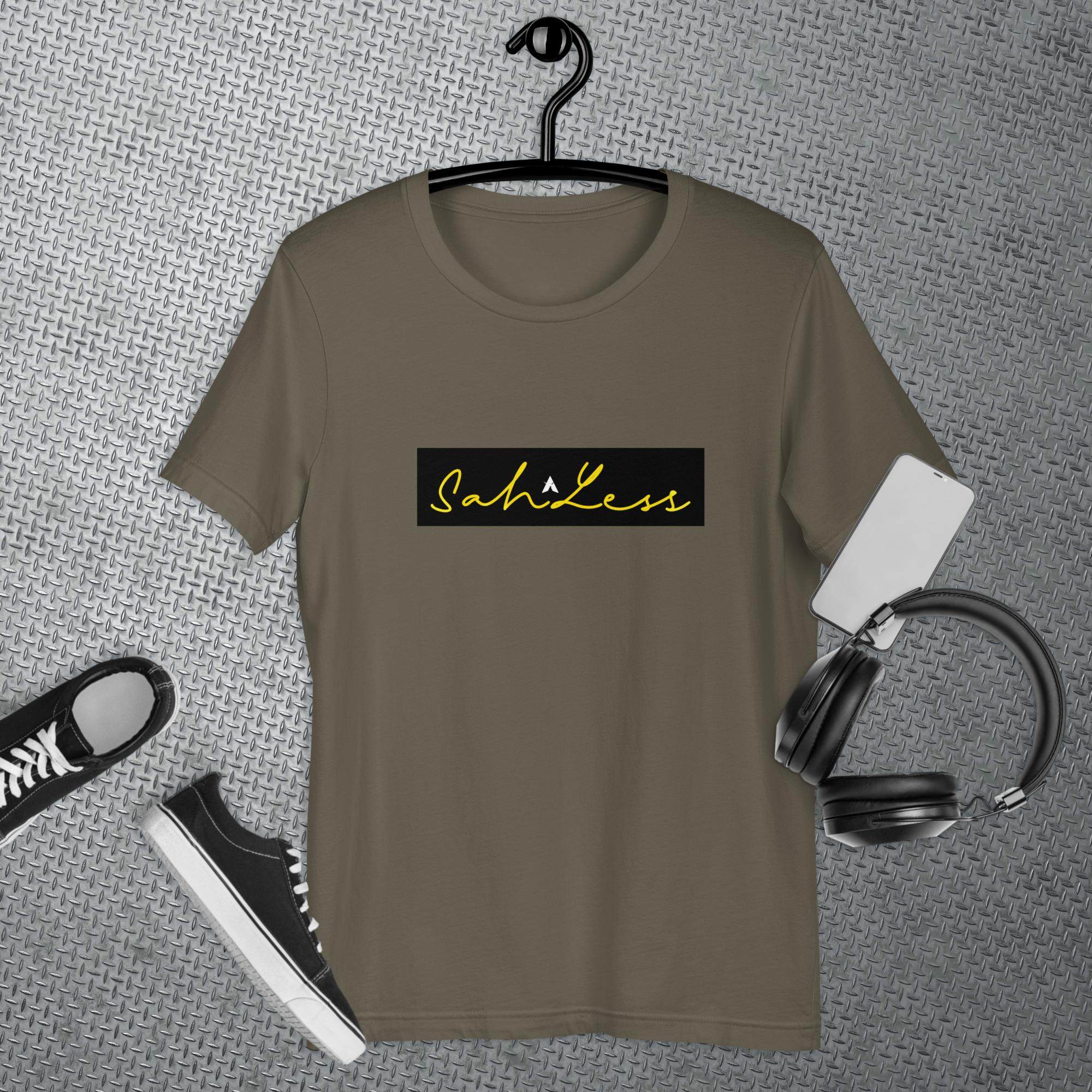 SahLess Signature unisex t-shirt on hanger with casual accessories.