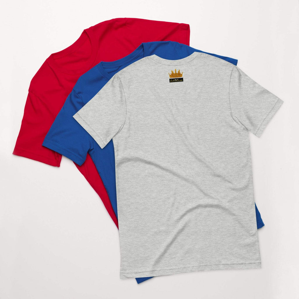Three Stamp Signature SahLess Unisex T-Shirts in gray, blue, and red.