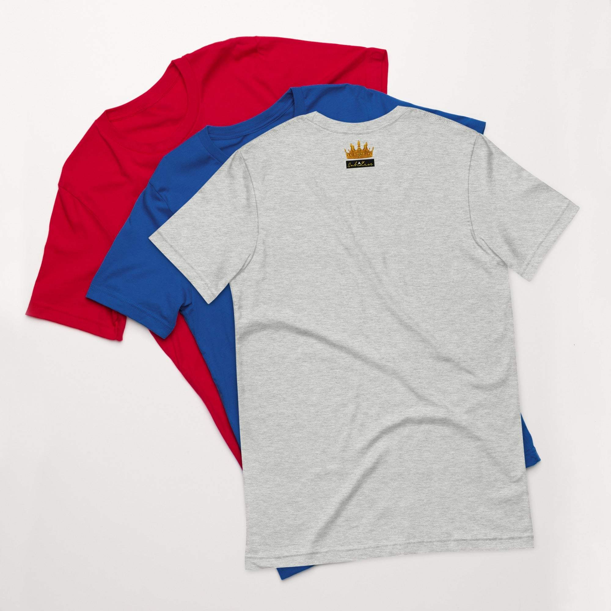 Three Stamp Signature SahLess Unisex T-Shirts in gray, blue, and red.