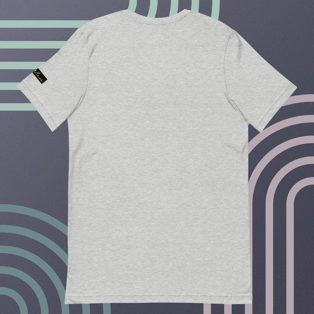Unisex Crown and Signature T-shirt, soft gray fabric, short sleeves, adorned with black label detail on sleeve.