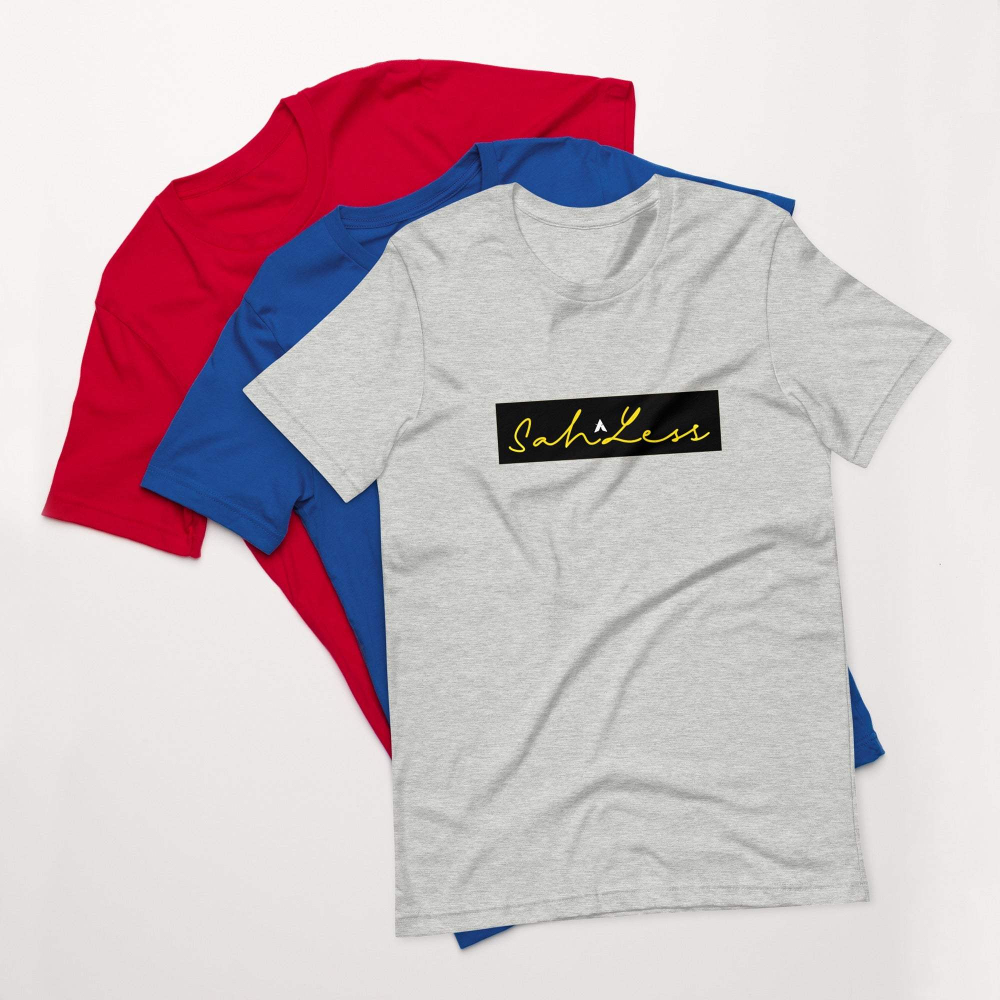 Stamp Signature SahLess Unisex T-Shirt in gray, red, and blue colors.