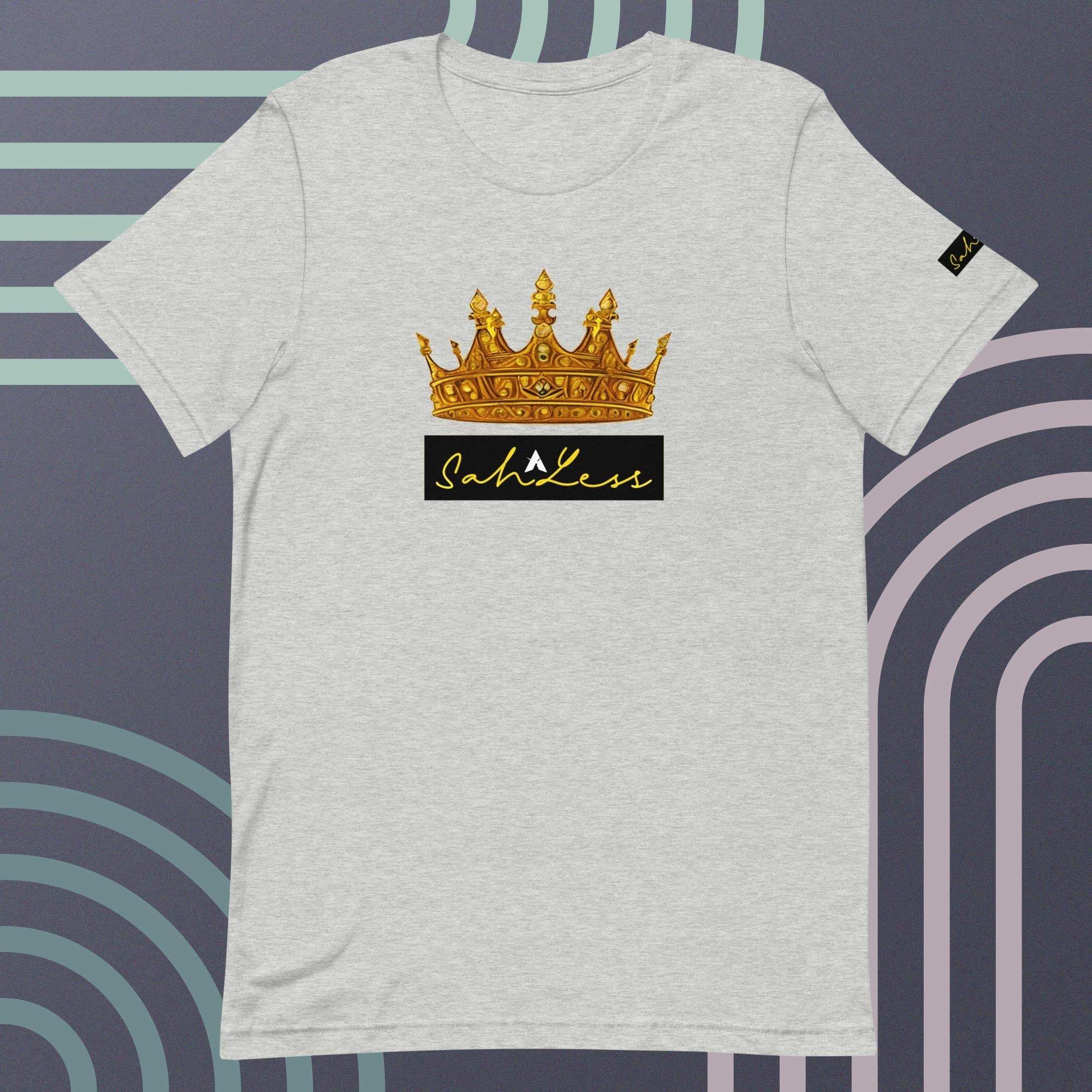 Unisex t-shirt with gold crown and SahLess signature design.
