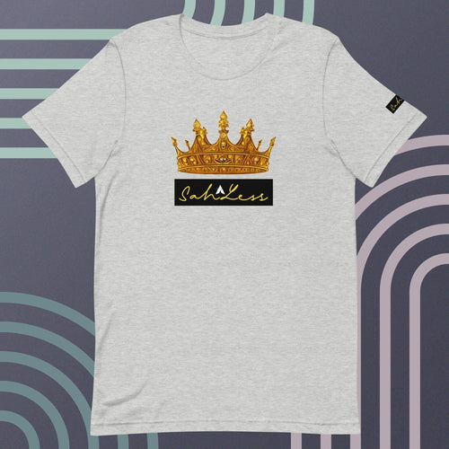 Unisex t-shirt with gold crown and SahLess signature design.