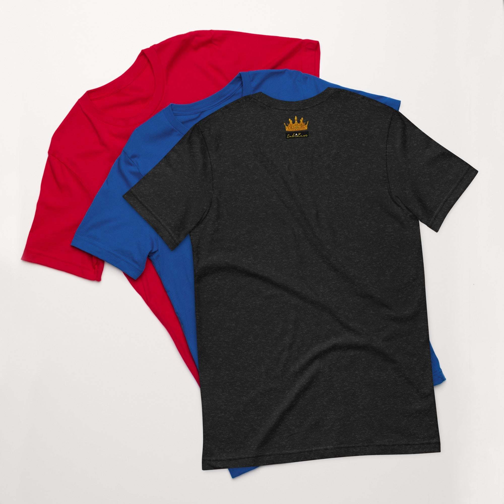 Stamp Signature SahLess Unisex T-Shirt in red, blue, and black.