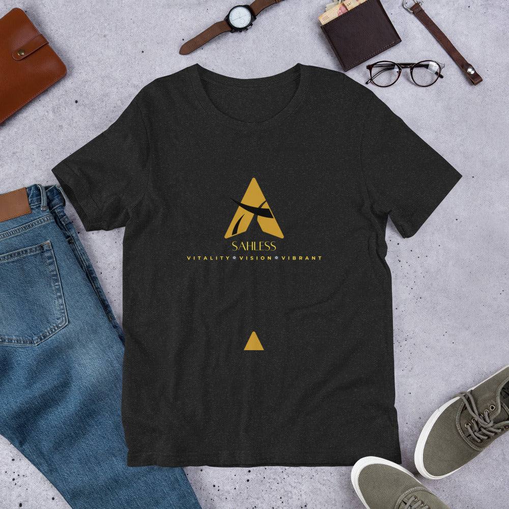 Unisex SahLess T-shirt displayed with jeans and accessories, 100% cotton, pre-shrunk fabric.
