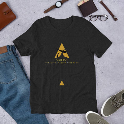 Unisex SahLess T-shirt displayed with jeans and accessories, 100% cotton, pre-shrunk fabric.