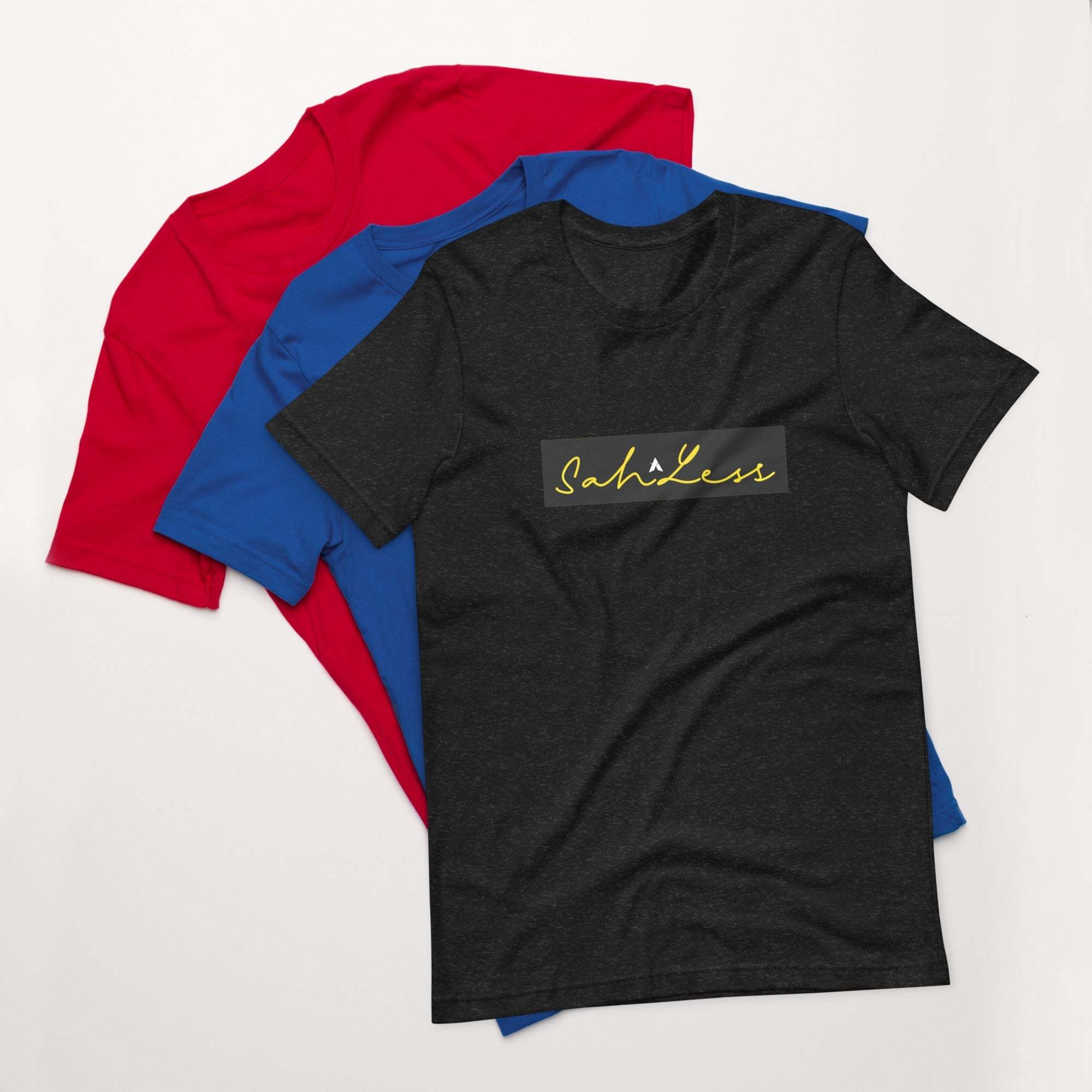Stamp Signature SahLess Unisex T-Shirt in black, blue, and red, lightweight cotton.