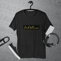 SahLess Signature Unisex T-shirt with logo on black background, made of comfortable cotton fabric.