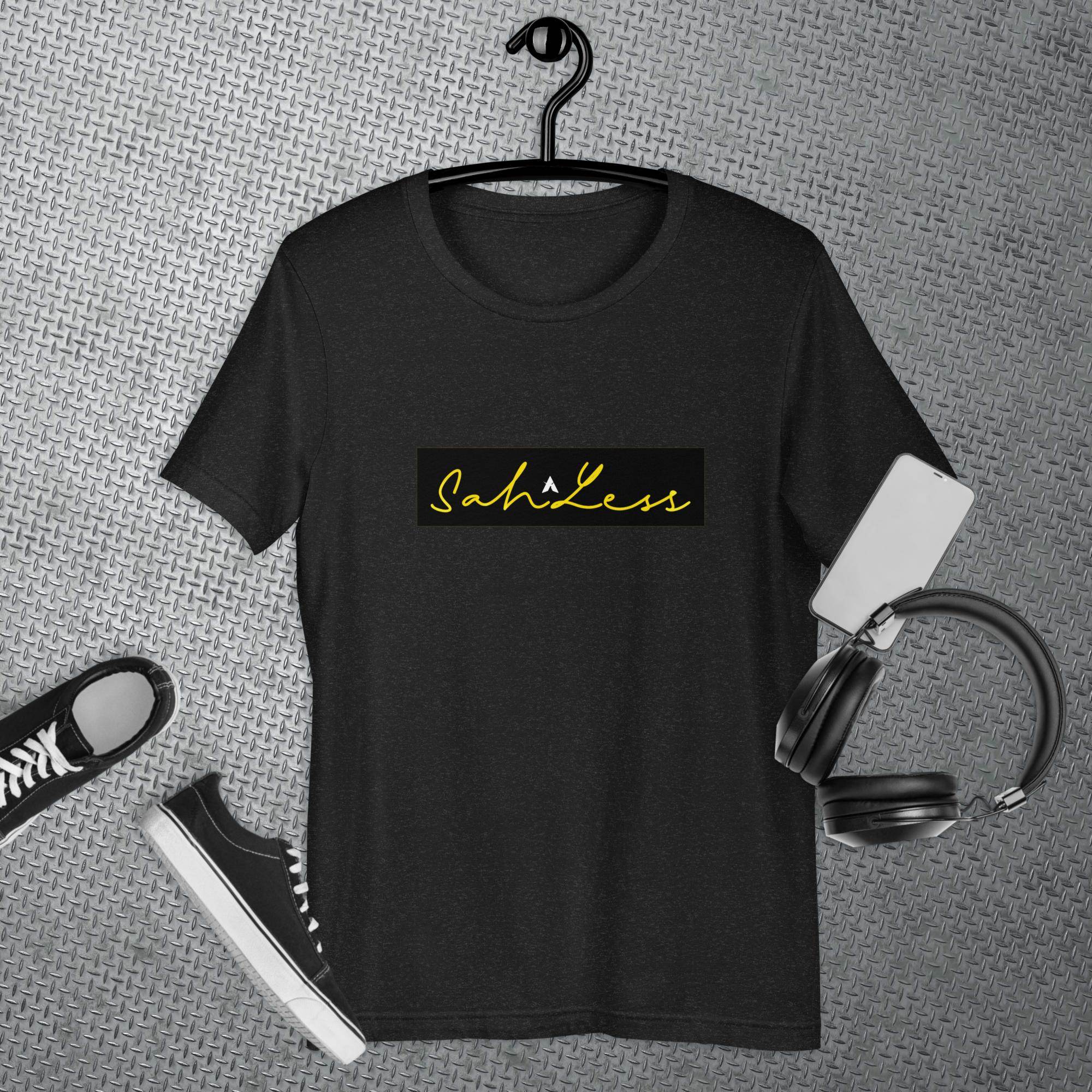 SahLess Signature Unisex T-shirt with logo on black background, made of comfortable cotton fabric.